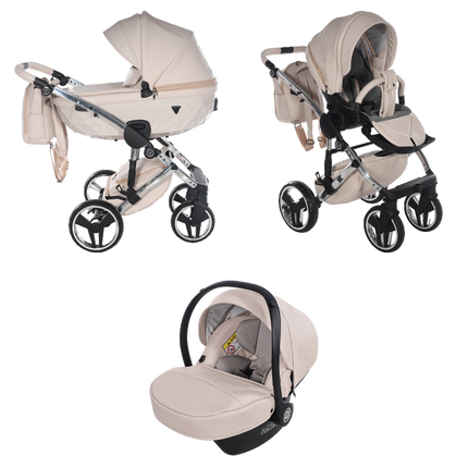 Junama Teddy Beige stroller in carrycot and seat configurations with matching car seat