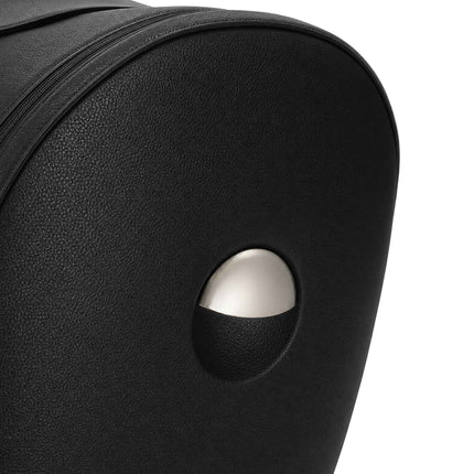 Chrome recline release button set into the grained Black seat shell of the mima creo stroller