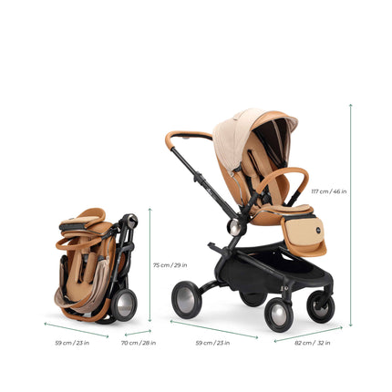 Dimensions diagram for the mima creo Mocha stroller comparing folded and open size in cm and inches