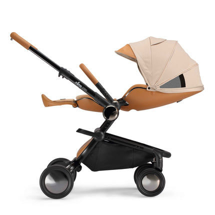 mima creo Mocha city stroller in parent facing mode with the seat fully reclined, side view