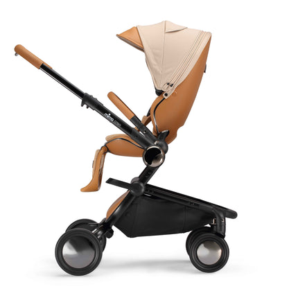 mima creo Mocha city stroller side view in parent facing mode with the seat upright and canopy open