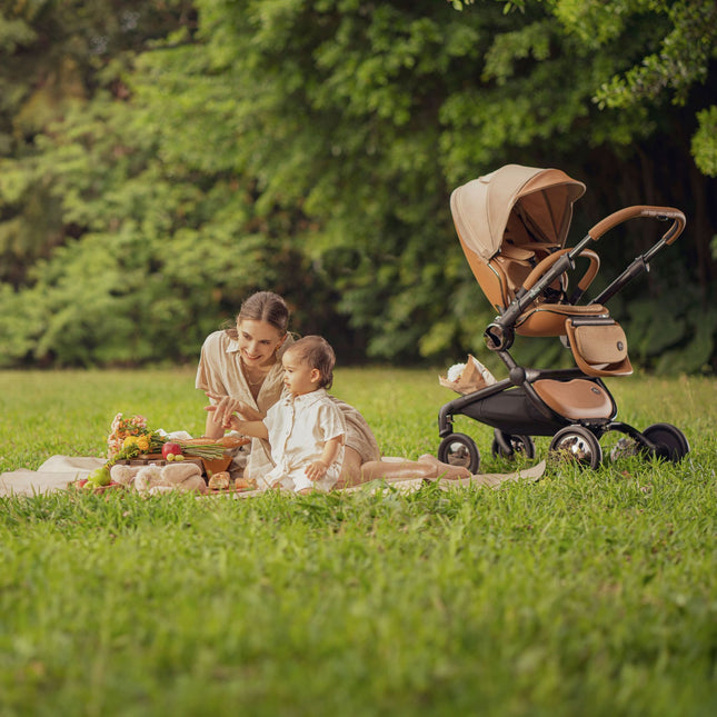 A parent and baby on a picnic blanket in the park with the mima creo Mocha stroller parked on the grass