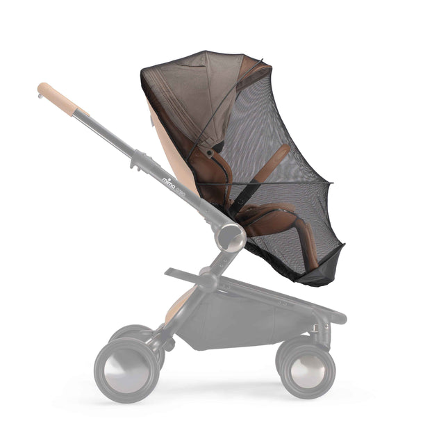 mima creo mosquito net seen from the side over a reclined seat, chassis faded behind it