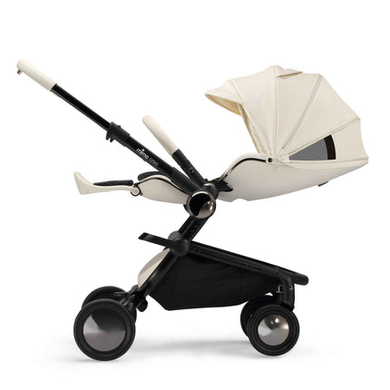 mima creo White city stroller side view in parent facing mode with the seat reclined flat