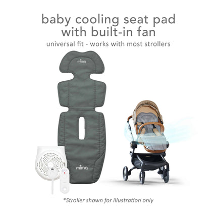 mima flo Oreo Gray baby cooling seat pad with built-in fan, universal fit with most strollers