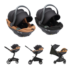 mima Go Beyond car seats with Xari Max, Creo, and Miro strollers on a transparent background