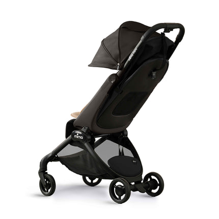 mima miro Black travel stroller seen from behind with the canopy raised and the seat back vent visible