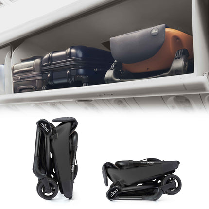 mima miro Black travel stroller shown folded from two angles below an airplane overhead bin