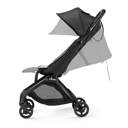 mima miro Black travel stroller side profile with a ghosted overlay of the fully reclined seat
