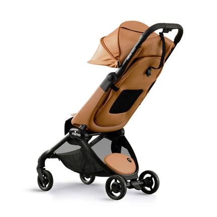 mima miro Mocha travel stroller from the rear with the canopy up and the mesh vent panel on the seat back