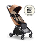 mima miro Mocha compact travel stroller at an angle next to the Parents Best for Baby 2026 award badge