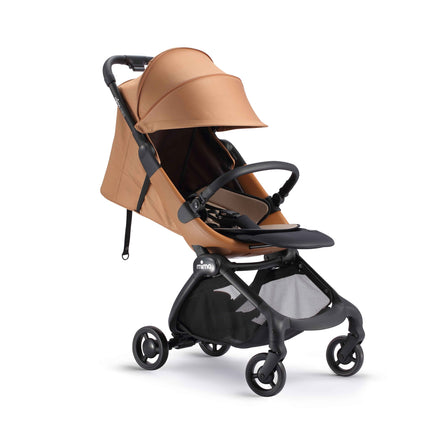 mima miro Mocha travel stroller with the canopy fully extended, bumper bar fitted and the seat reclined
