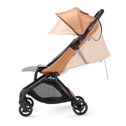 mima miro Mocha travel stroller from the side with a ghosted overlay showing the seat reclining flat