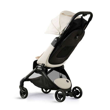 mima miro White travel stroller from the rear three-quarter angle with its vented seat back