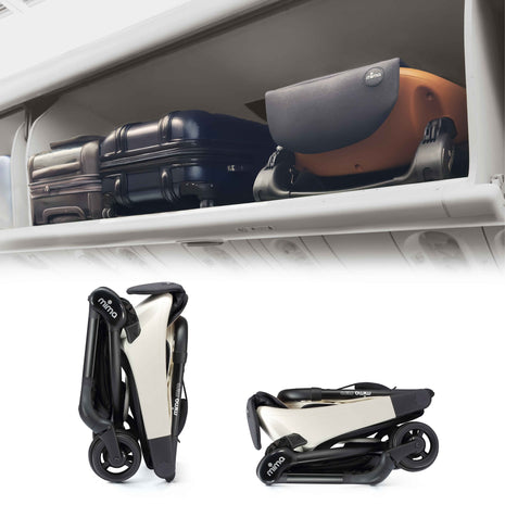 mima miro White travel stroller folded in an airplane overhead bin, shown upright and lying flat