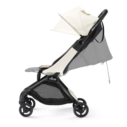 mima miro White travel stroller in profile showing how far the backrest reclines