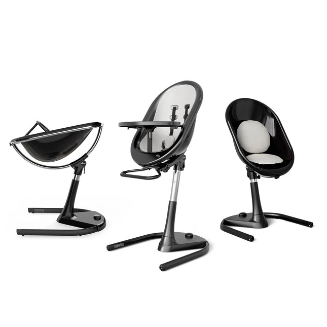 mima moon Black Chair with Snow White Seat shown in newborn lounger, high chair and junior chair modes
