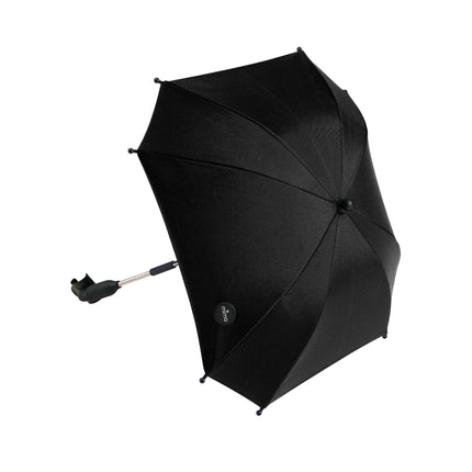 mima Parasol in Black, open and angled to show the clamp and telescoping mounting arm