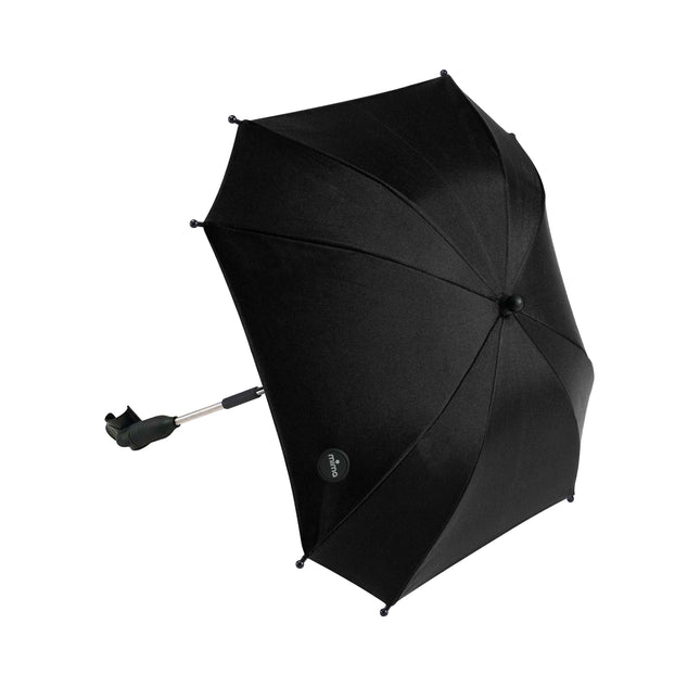 mima Parasol in Black, open and angled to show the clamp and telescoping mounting arm