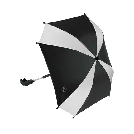 mima Parasol in Black & White, open to show the alternating pinwheel panels and clip arm