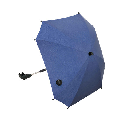 mima Parasol in Denim Blue, open with its adjustable clip arm for the stroller frame
