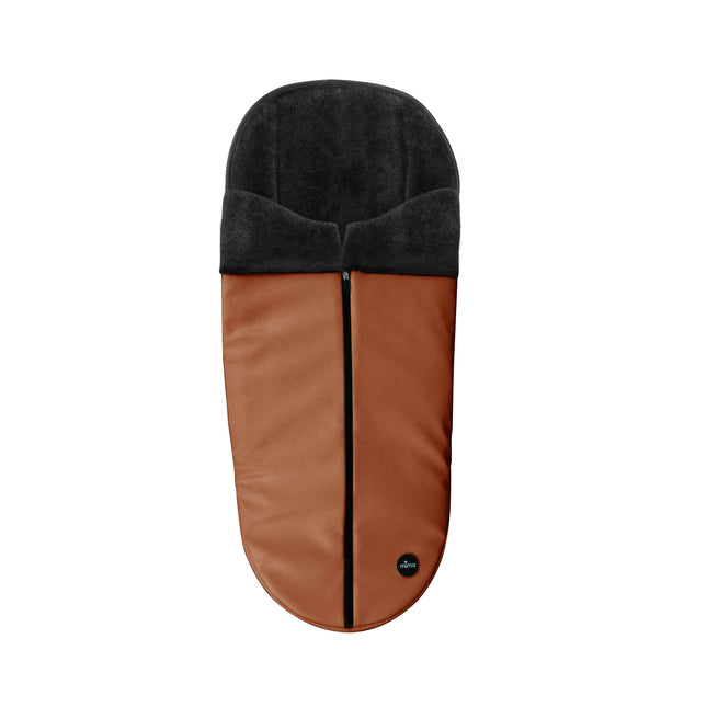 mima Winter Footmuff in Camel laid flat with its black fleece collar and full-length zipper