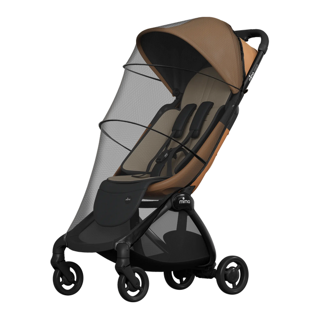 Mosquito net over the canopy and seat of a mima miro Mocha travel stroller with a beige seat pad
