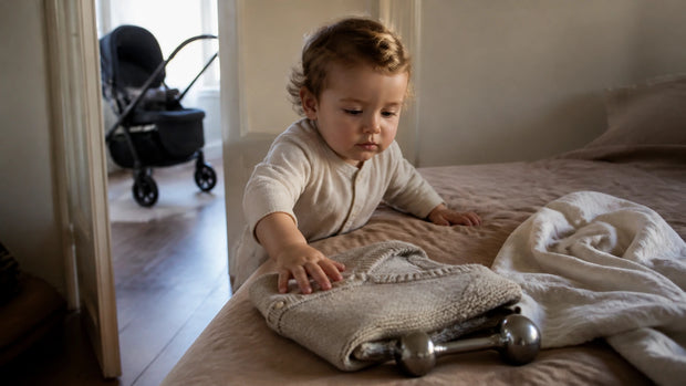 A baby touches a worn knitted cardigan beside a silver rattle and linen blanket.